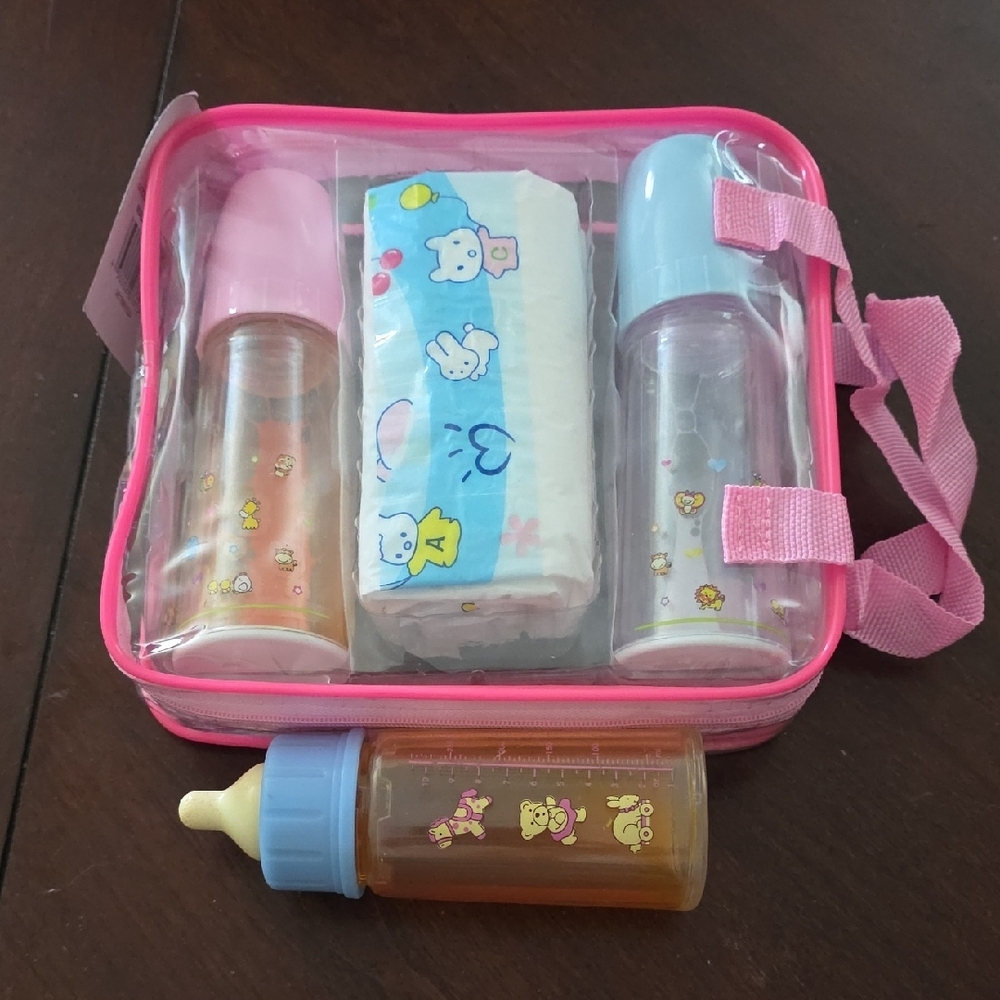 (J38) Baby Doll Feeding Set with Pink and Blue Bottles